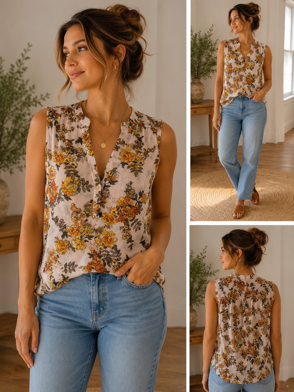 a new day Cream Floral Sleeveless V-Neck Camisole with Mustard Accents